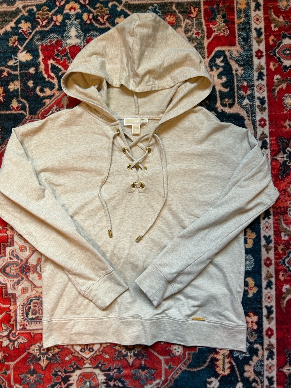 Michael Kors Beige Lace-Up Hooded Pullover Sweater